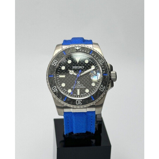 Custom Seiko Mod • Blue Carbon Titanium Submariner on Velcro • 40mm